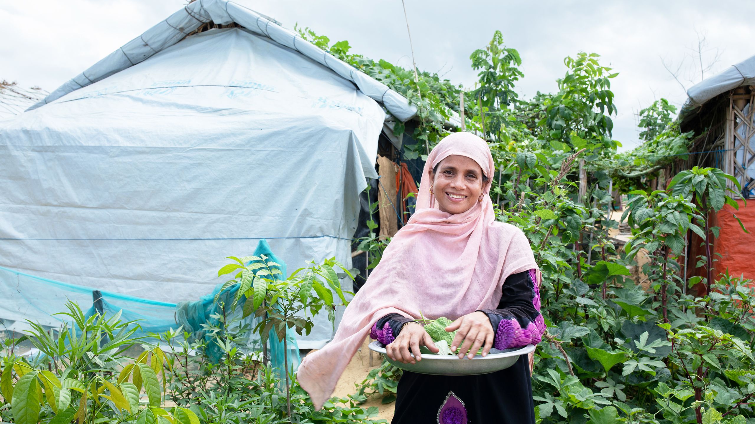 Rohingya refugee Sahera in her garden 